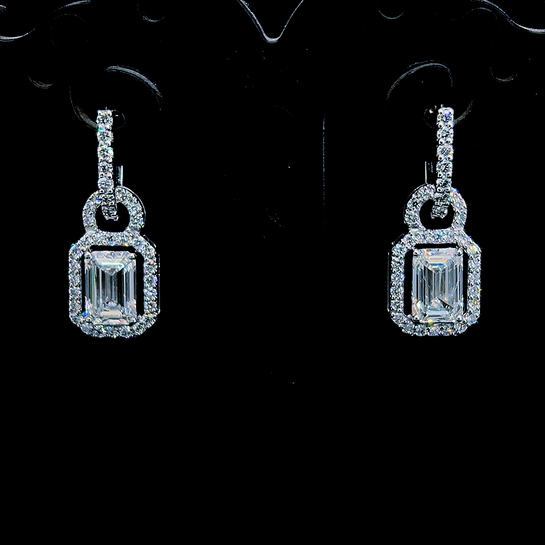 Emerald Cut Diamond Halo Drop Earrings